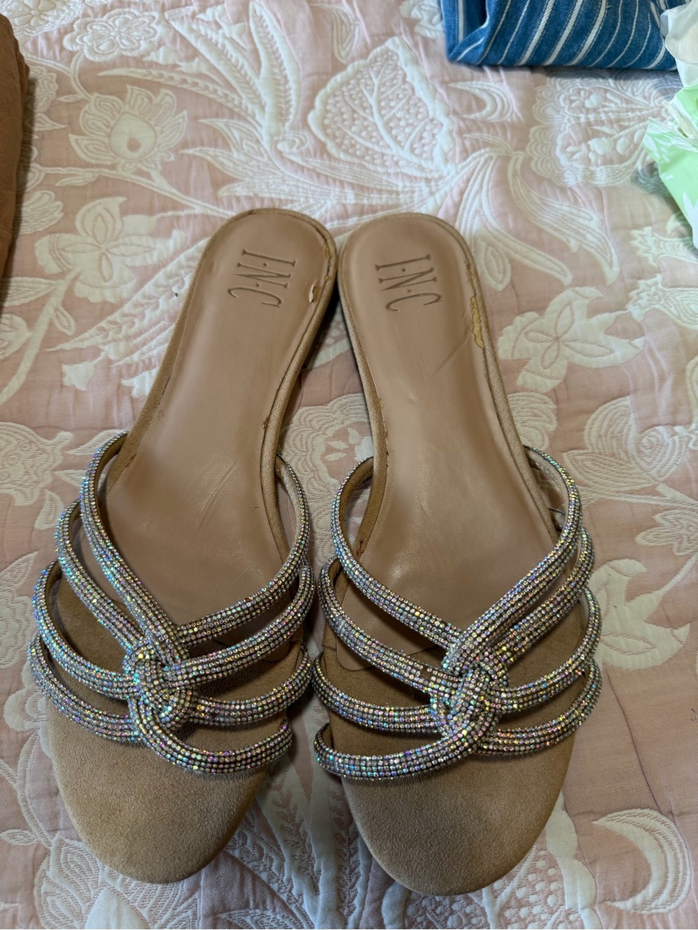INC International Concepts Taupe Beaded Strappy Slide Sandals